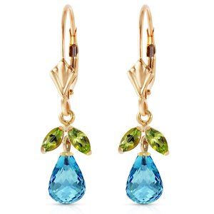 14K GOLD LEVERBACK EARRING W BLUE TOPAZ & PERIDOTS